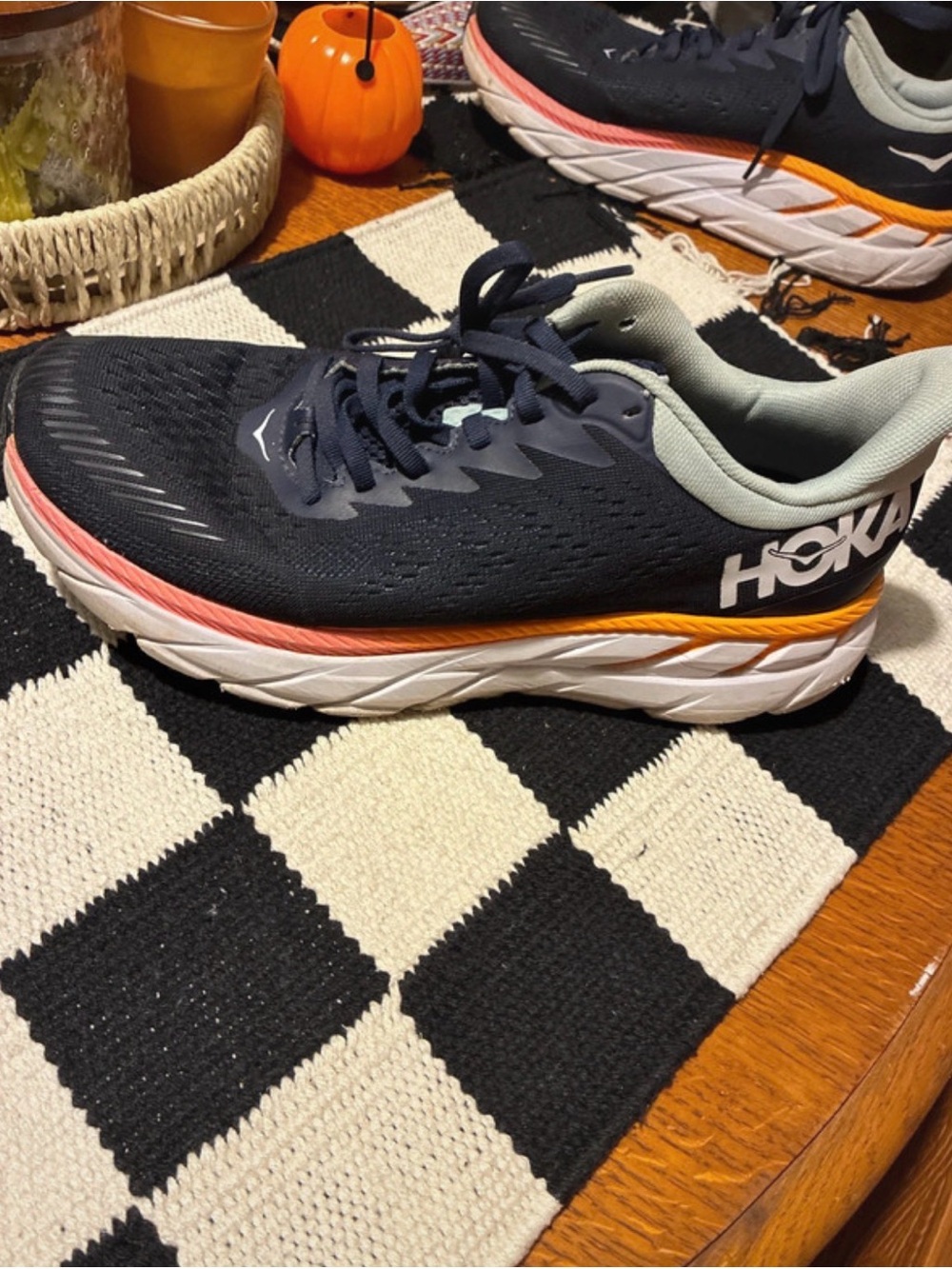 Hoka Women's Navy Running Shoes with Coral and Orange Accents